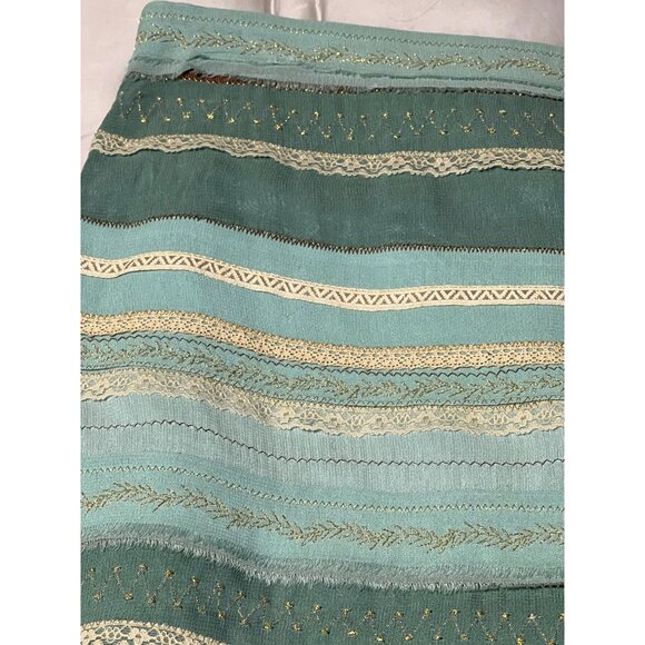 Odille Green & Cream Lace Ribbon Stripe Ruffle Skirt Anthropologie Gold Viscose - Picture 9 of 15